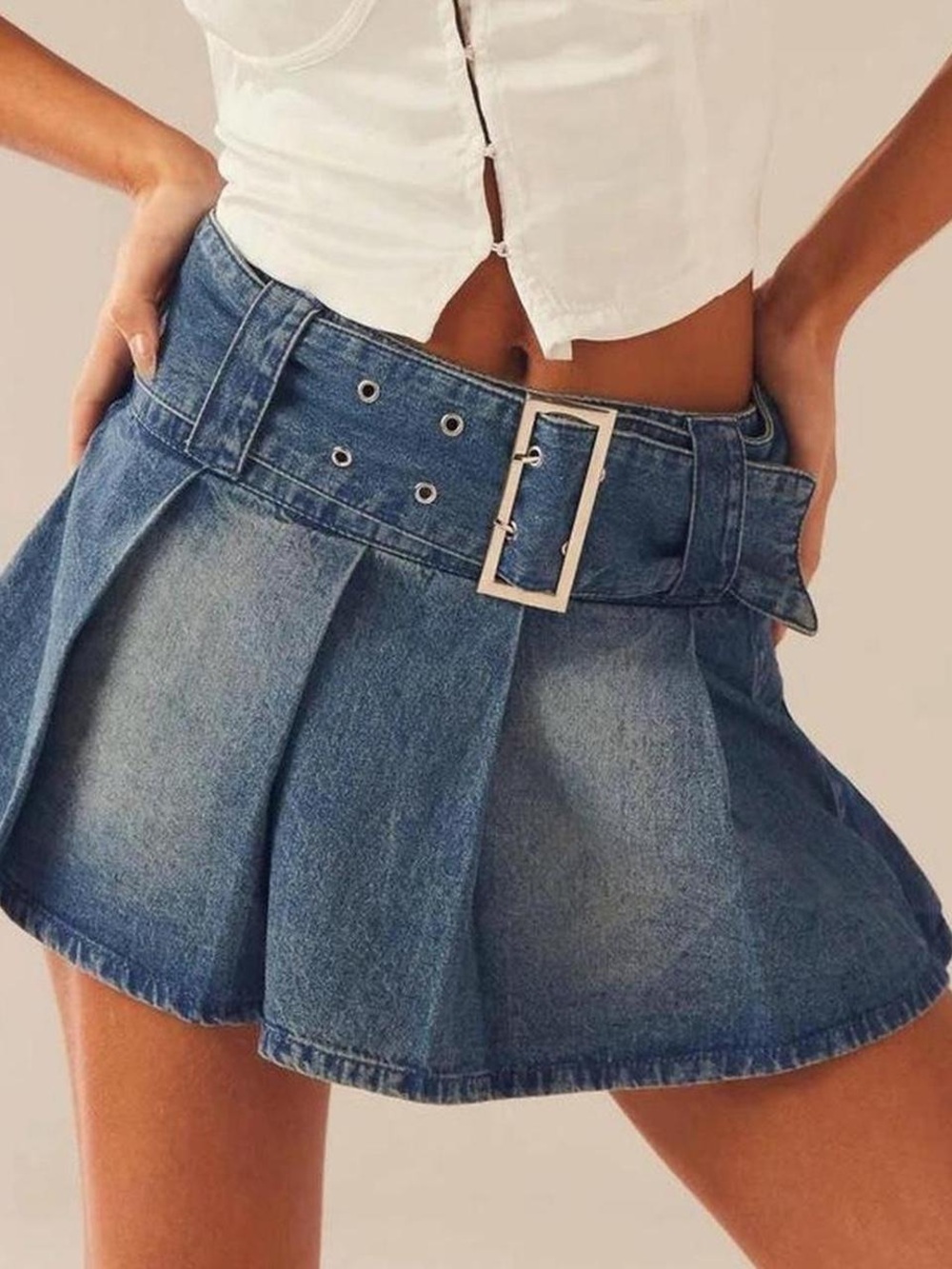 Peppermayo Denim Belted Mini Skirt Pleated